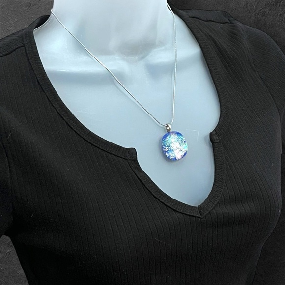 *Handmade Glittery Glass Pendant 18” Stainless Steel Necklace - Picture 1 of 15